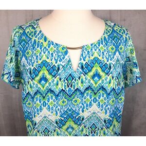 Zac & Rachel Top Womens Size 1X Blue Lime Green Ikat Print Boho Artsy Career